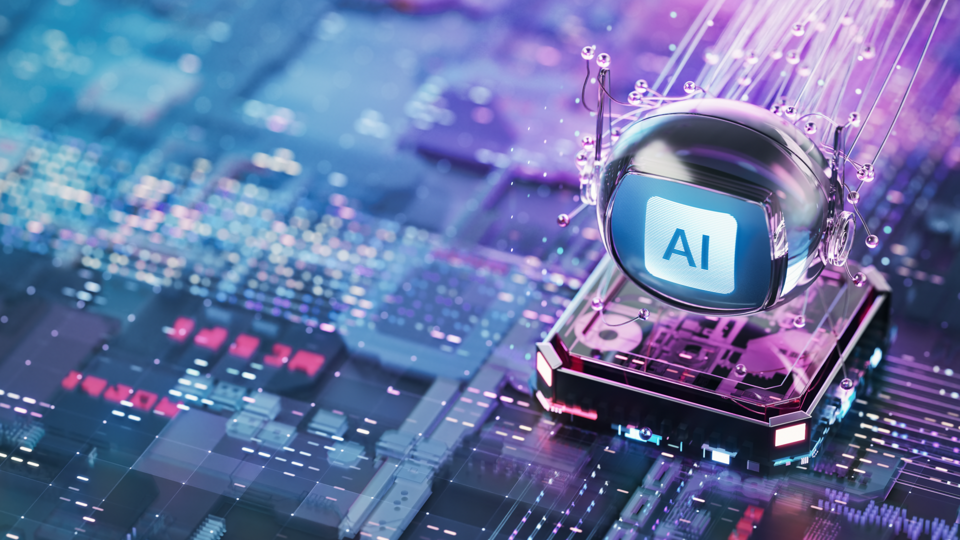Illustration of an AI core embedded in a digital circuit, symbolizing agentic AI systems relying on a strong, distributed database foundation for coordination and scale.