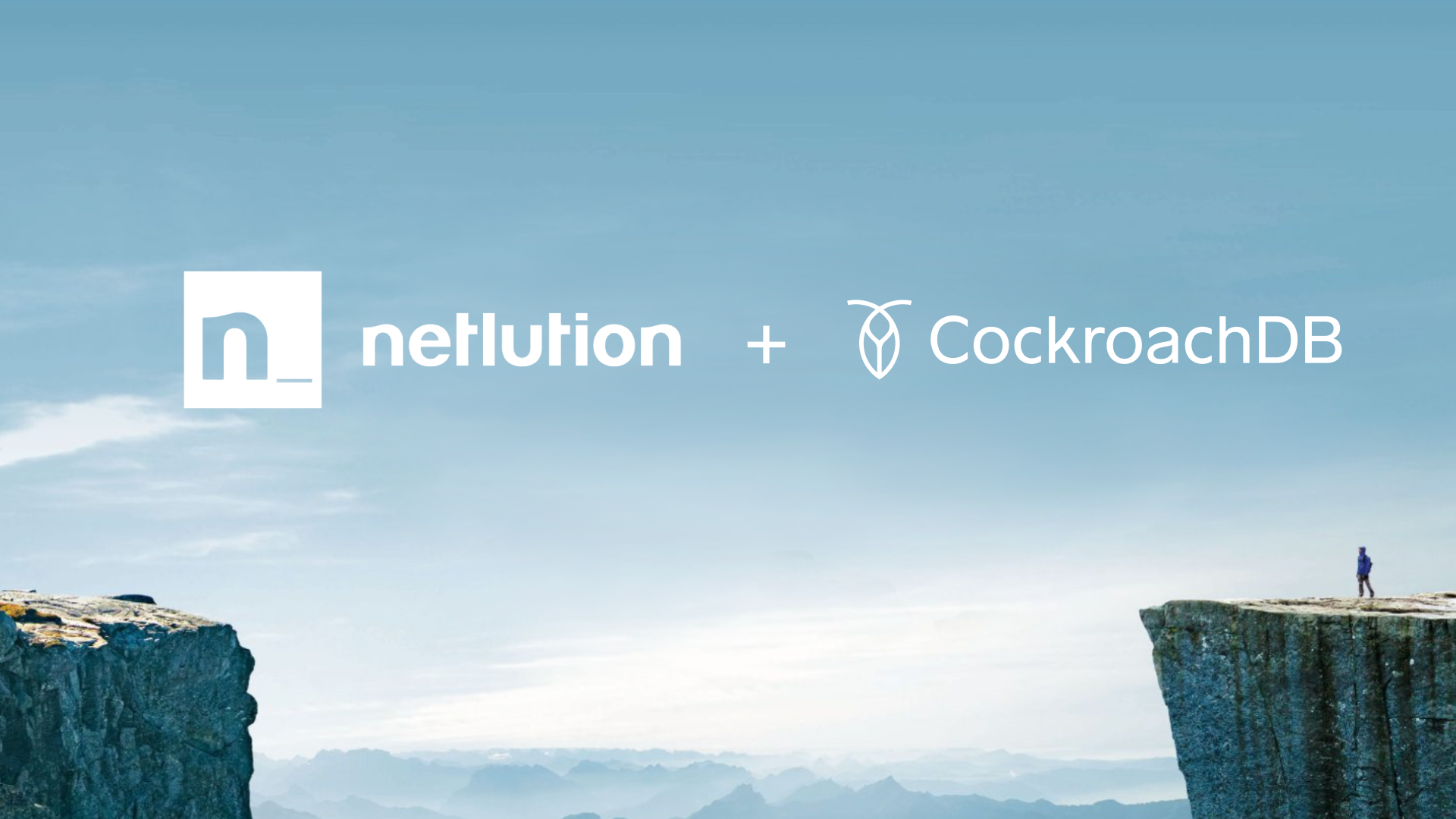 Banner showing Netlution and CockroachDB logos side by side above a landscape with two cliffs, symbolizing partnership and bridging gaps in database modernization.