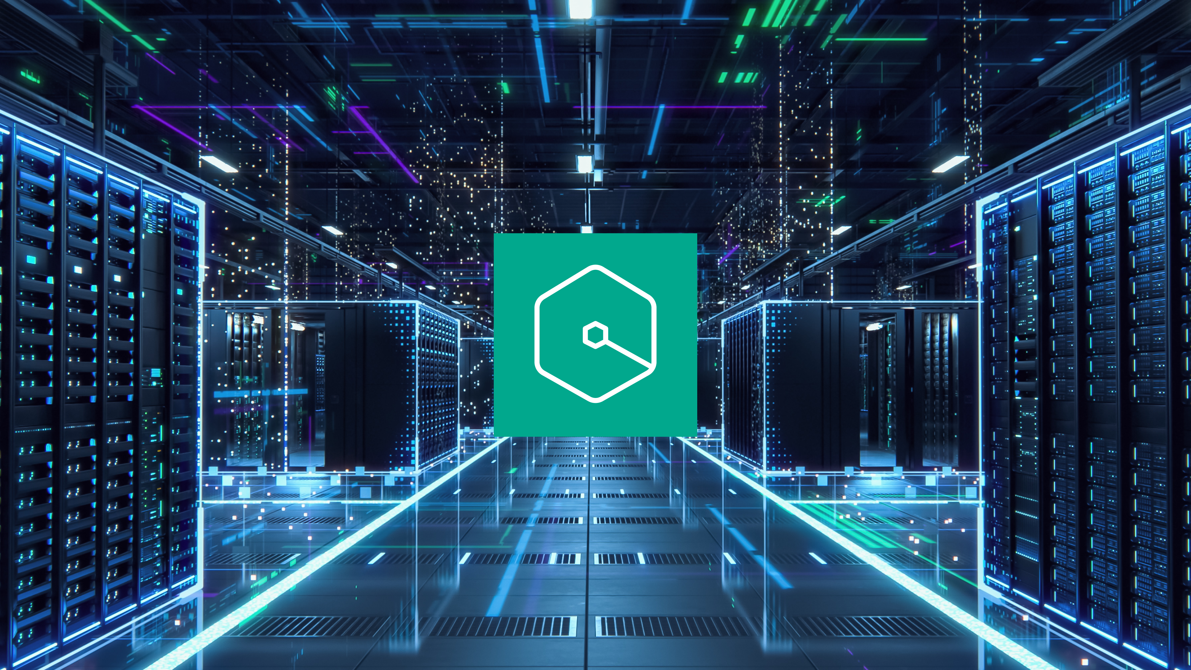 The Amazon Q logo floating in a data center environment.