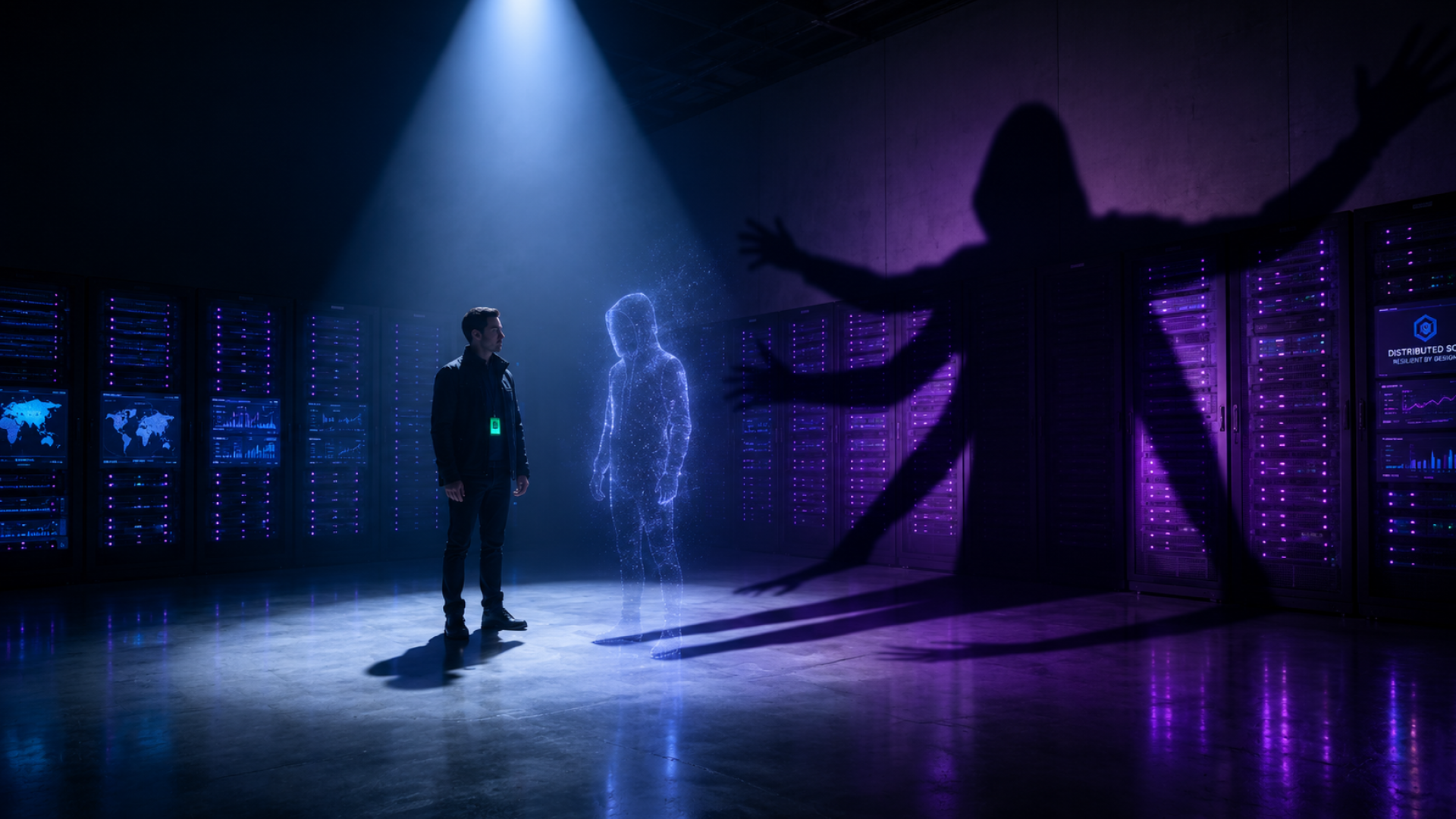 Engineer facing a digital AI agent in a data center with an oversized shadow behind it, representing the security risks of unmanaged AI agent identities and the need for governed, auditable access.