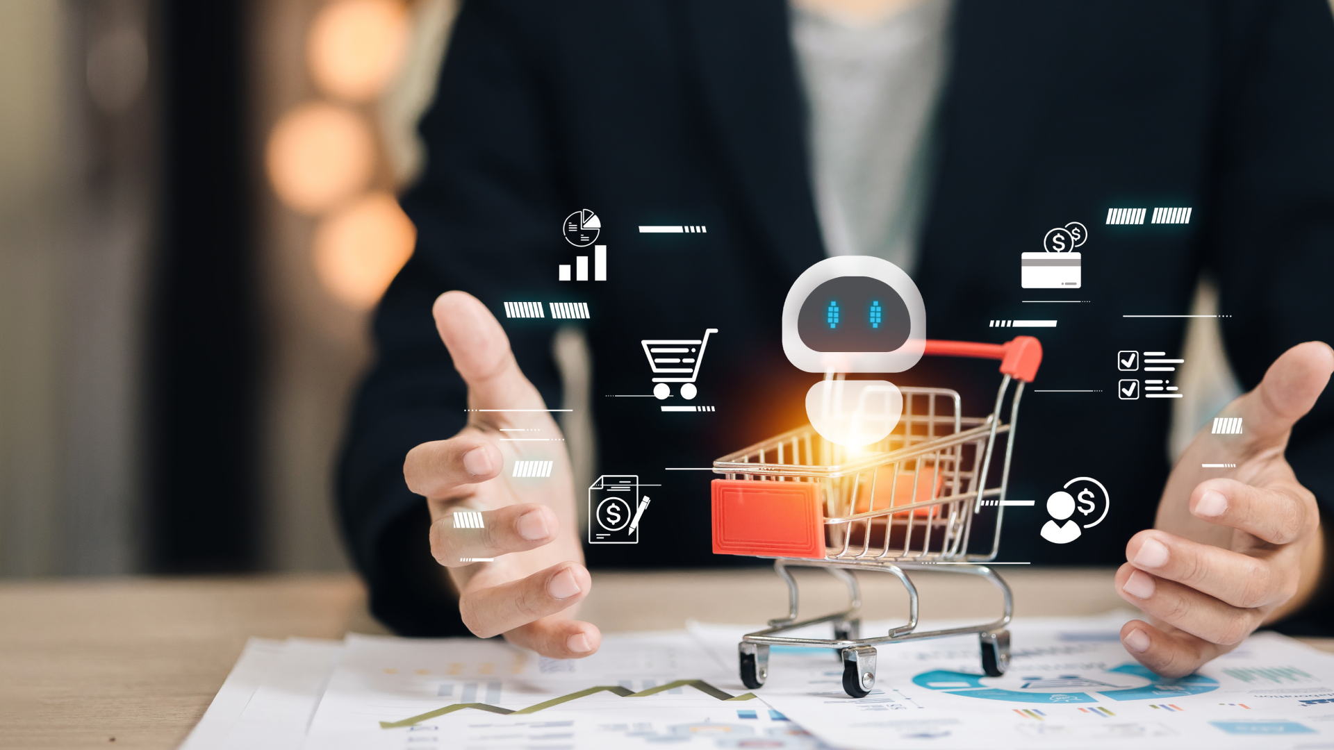 Small shopping cart with a digital AI assistant icon inside, surrounded by payment and analytics symbols, representing autonomous agentic payments and modern payment infrastructure.