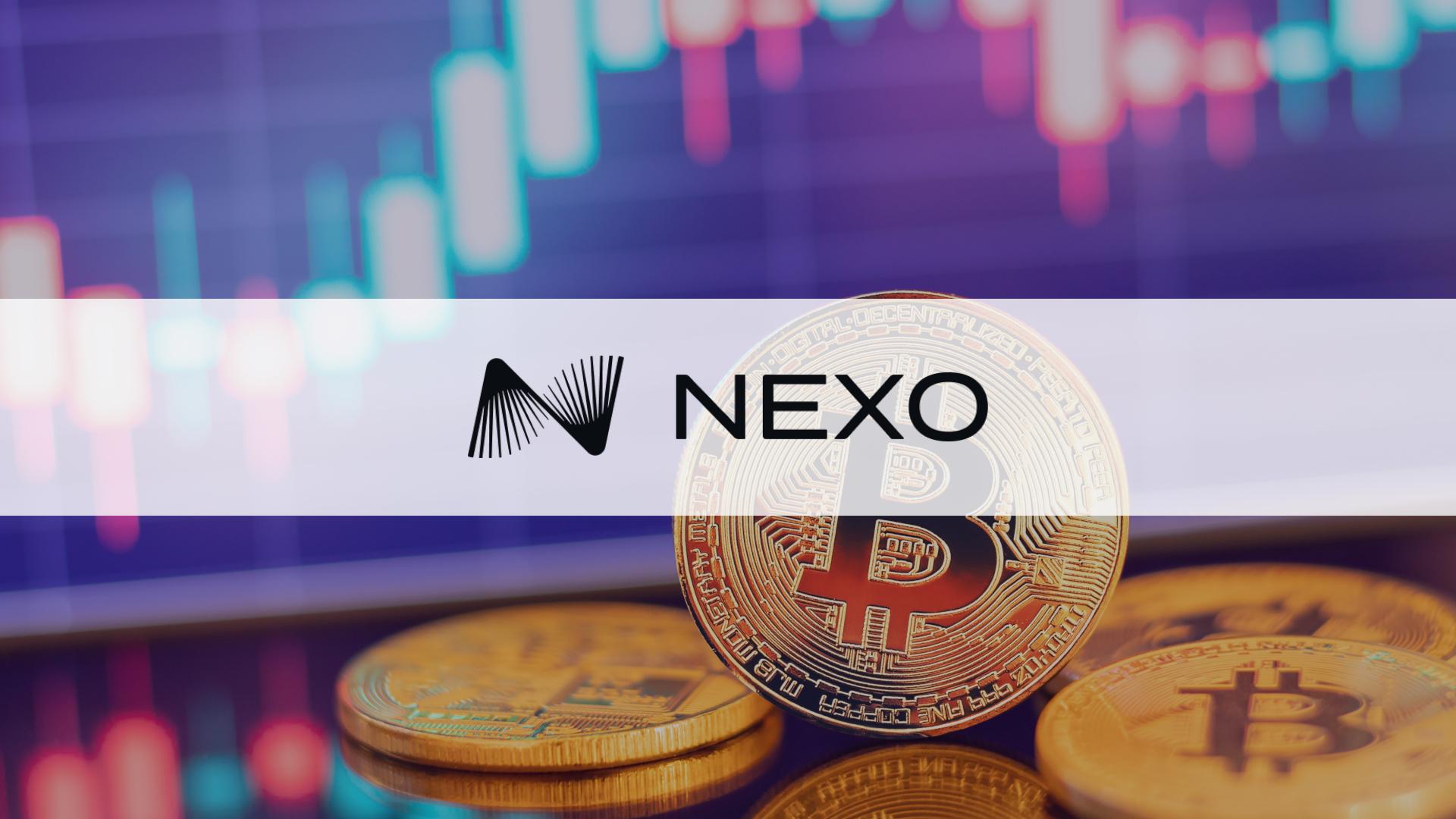 A colorful image of physical bitcoins with the Nexo logo.