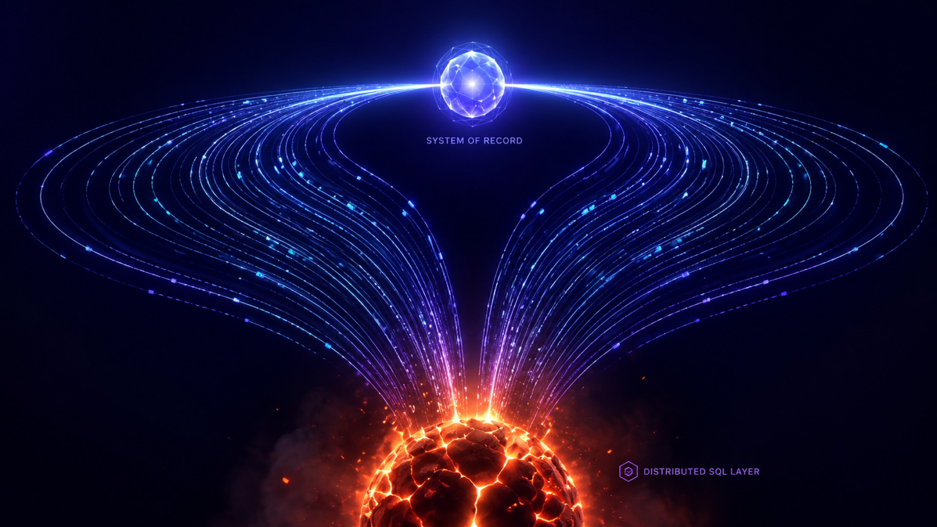 Data streams converging between a distributed SQL layer and a system of record, representing synchronized agent activity and high-concurrency database workloads.