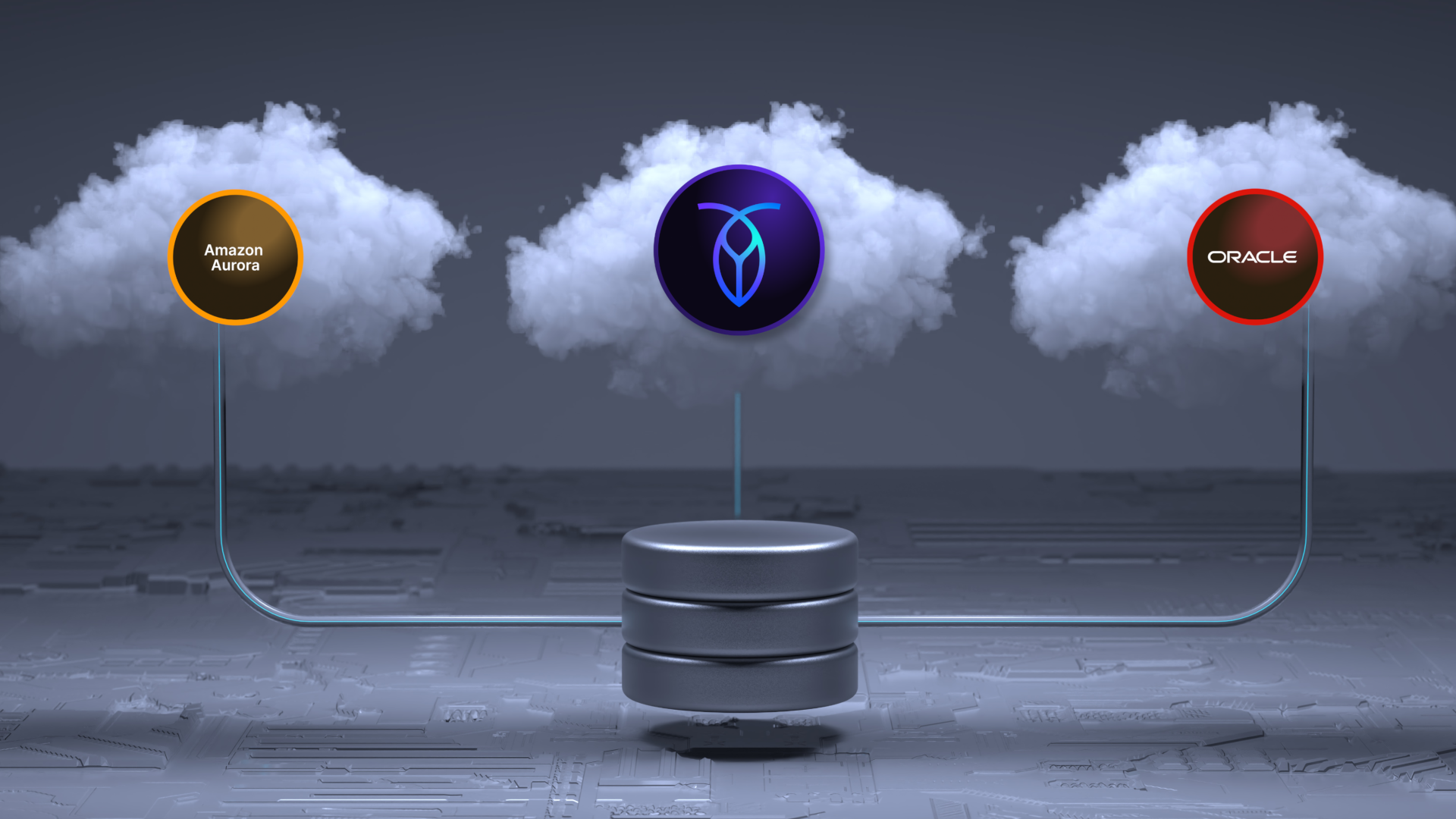Illustration showing Oracle, Amazon Aurora, and CockroachDB as cloud databases, highlighting modern alternatives for global, cloud-scale workloads.